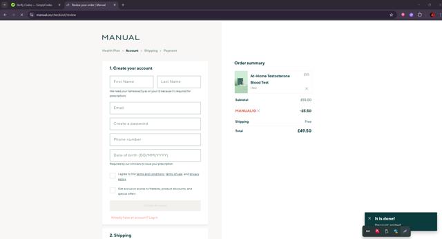 MenofManual checkout page showing MenofManual promo code box | Screenshot taken by SimplyCodes community member on Aug 13, 2025
