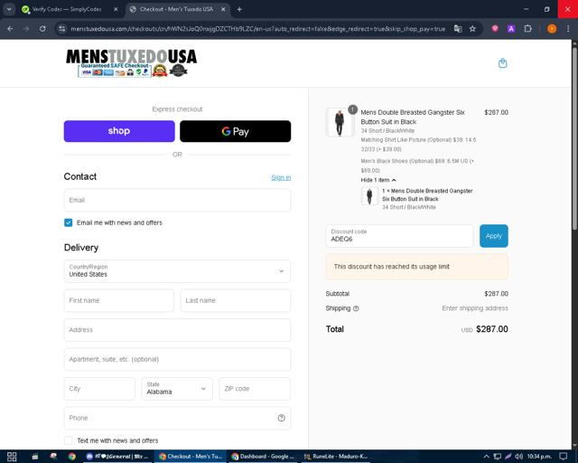 Mens Tuxedo USA checkout page showing Mens Tuxedo USA promo code box | Screenshot taken by SimplyCodes community member on Sep 12, 2025