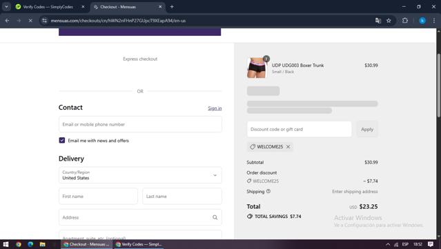 Mensuas checkout page showing Mensuas promo code box | Screenshot taken by SimplyCodes community member on Sep 9, 2025