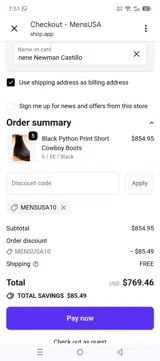 MENSUSA10 coupon verification screenshot