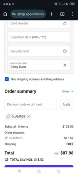 GLAMR25 coupon verification screenshot