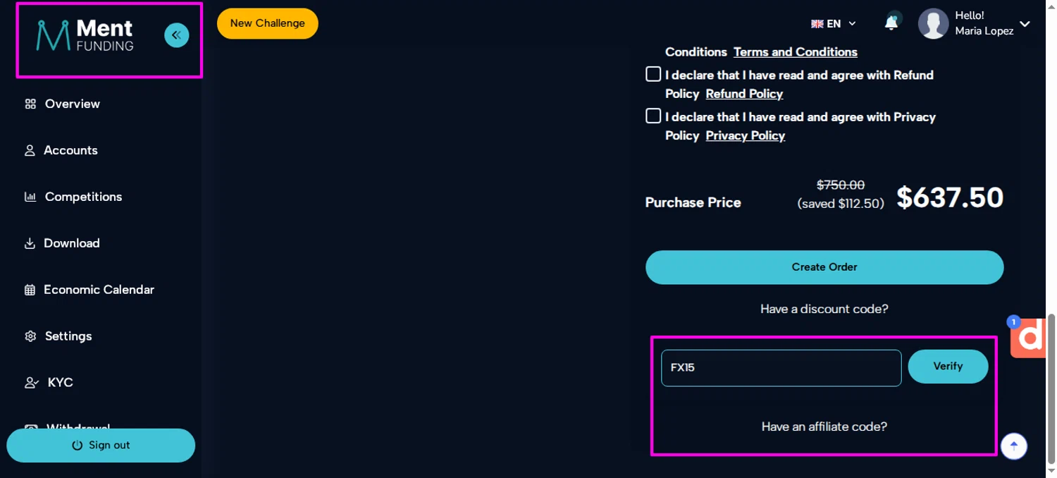 Ment Funding promo code screenshot showing code FX15 applied at Ment Funding checkout page. Uploaded by SimplyCodes community member mrdarcy on Feb 27, 2026
