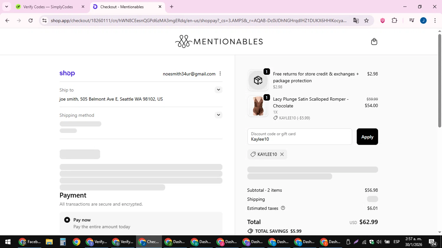 Mentionables discount code screenshot showing code Kaylee10 applied at Mentionables checkout page. Uploaded by SimplyCodes community member noesmith34ur on Jan 30, 2026