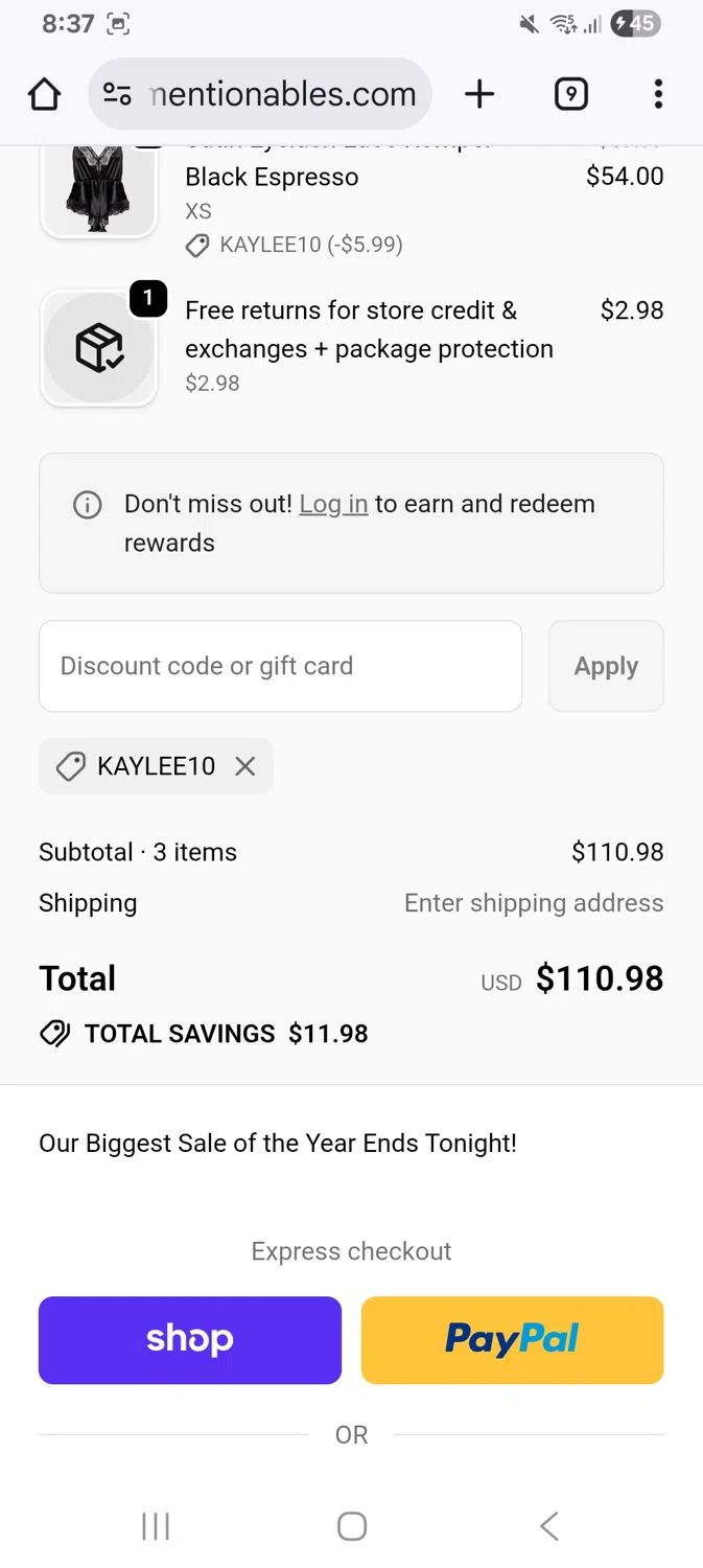 Mentionables discount code screenshot showing code Kaylee10 applied at Mentionables checkout page. Uploaded by SimplyCodes community member KarinaHZ on Dec 26, 2025