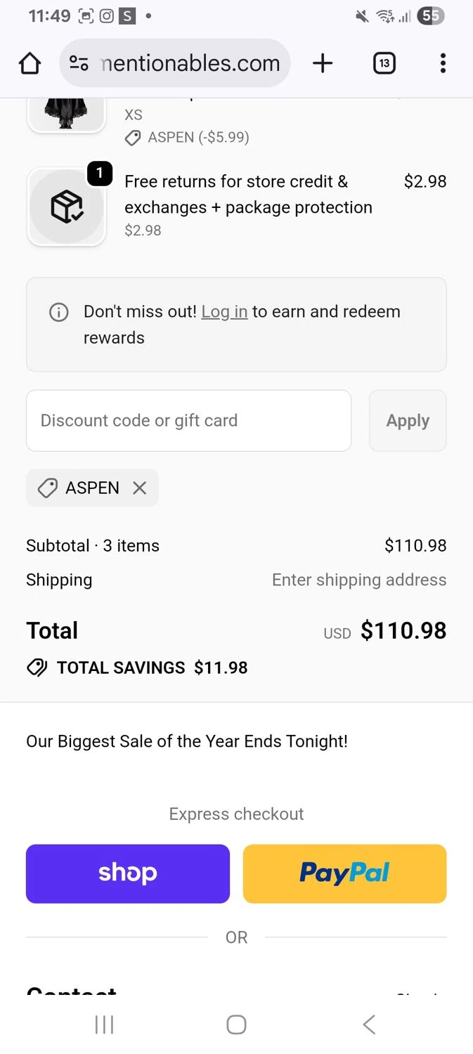 Mentionables discount code screenshot showing code Aspen applied at Mentionables checkout page. Uploaded by SimplyCodes community member KarinaHZ on Dec 24, 2025