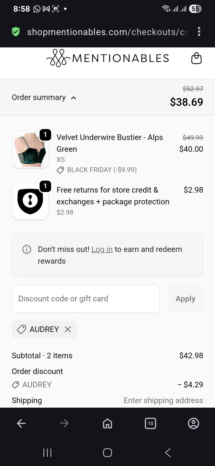 Mentionables discount code screenshot showing code Audrey applied at Mentionables checkout page. Uploaded by SimplyCodes community member vida5254427716958 on Nov 18, 2025