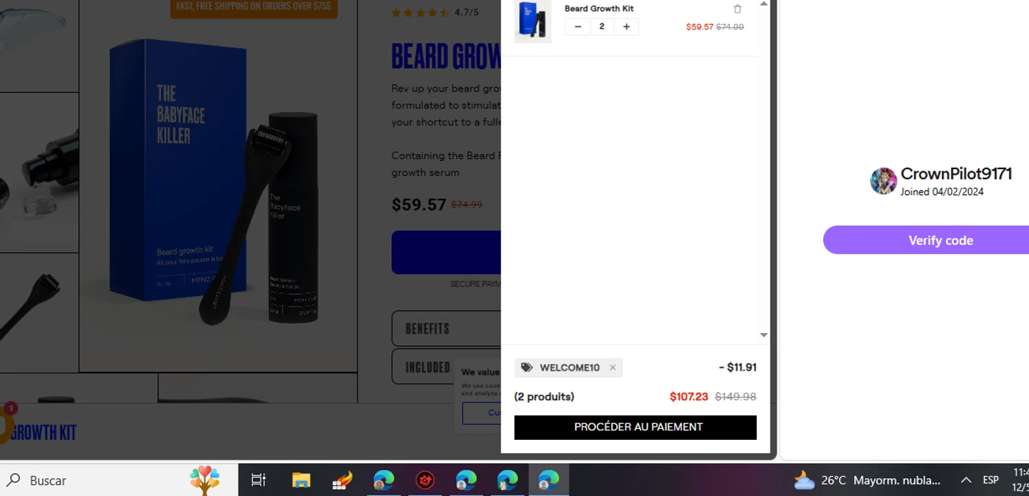 Menz Club promo code screenshot showing code WELCOME10 applied at Menz Club checkout page. Uploaded by SimplyCodes community member CrownPilot9171 on Dec 6, 2025