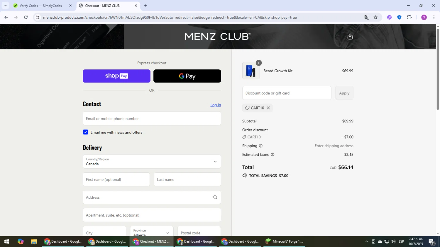 Menz Club promo code screenshot showing code CART10 applied at Menz Club checkout page. Uploaded by SimplyCodes community member Son_Goku on Jul 10, 2025