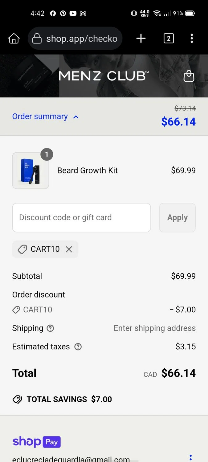 Menz Club promo code screenshot showing code CART10 applied at Menz Club checkout page. Uploaded by SimplyCodes community member Wonderwoman82 on Apr 9, 2025