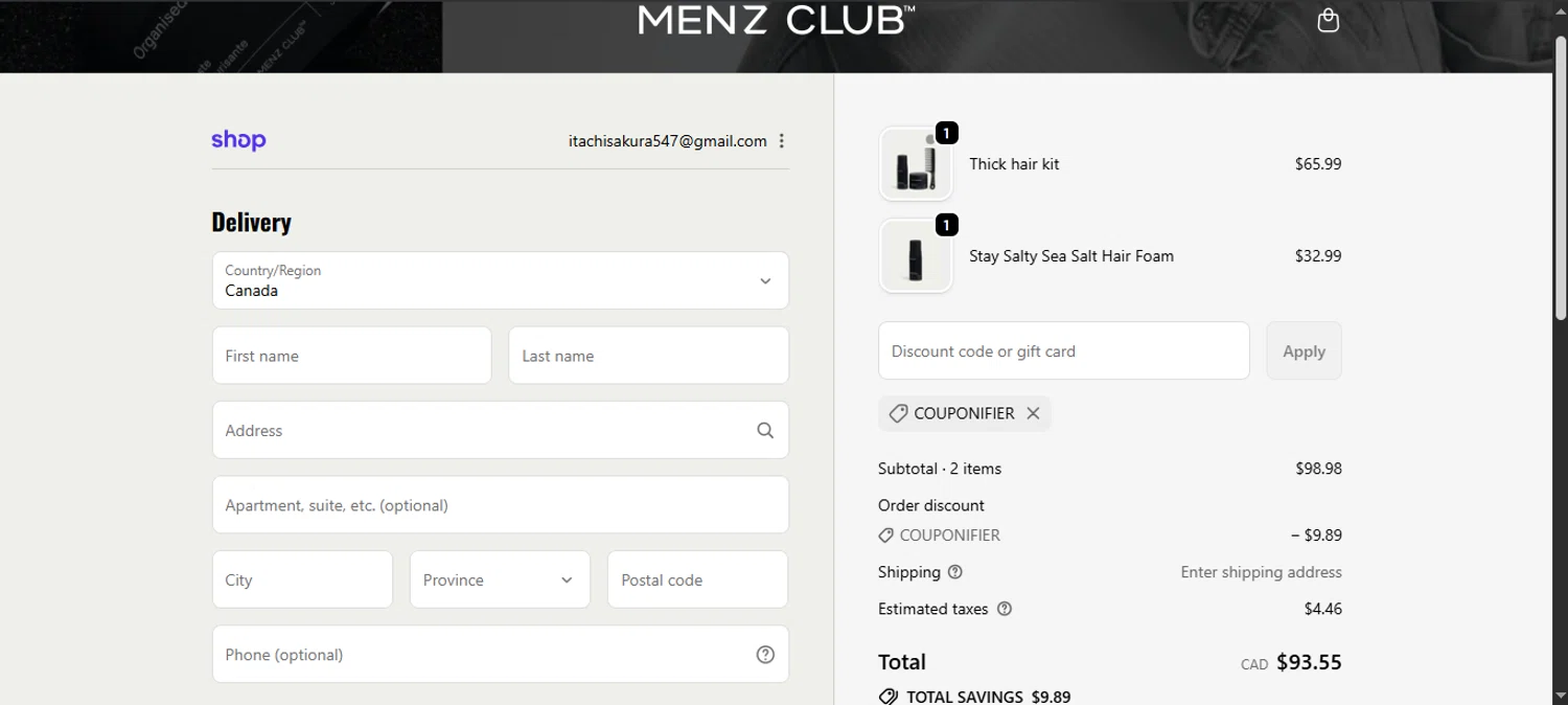 Menz Club promo code screenshot showing code COUPONIFIER applied at Menz Club checkout page. Uploaded by SimplyCodes community member noworries on Sep 21, 2025