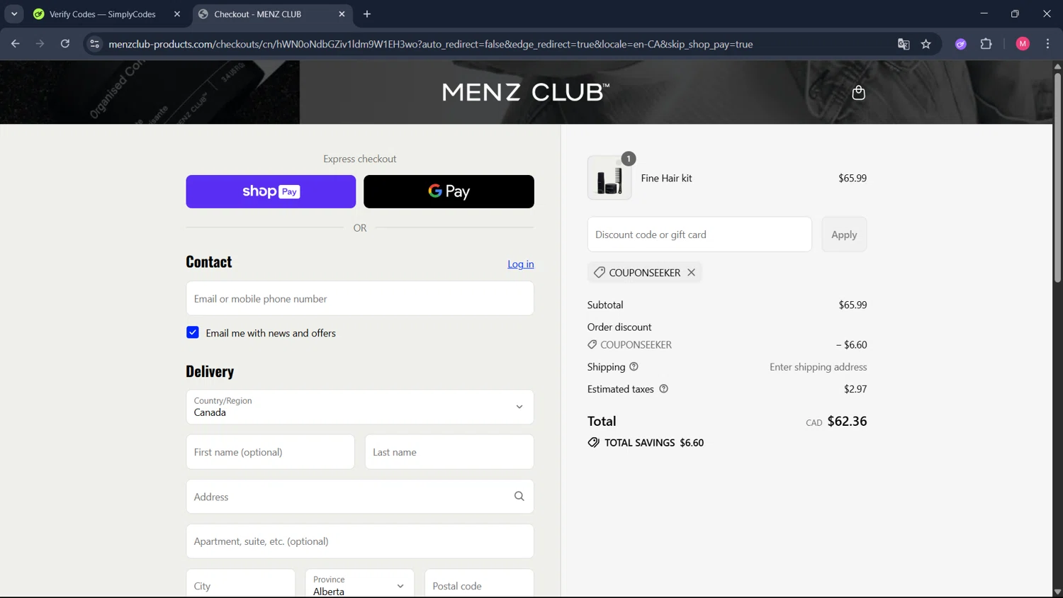 Menz Club promo code screenshot showing code COUPONSEEKER applied at Menz Club checkout page. Uploaded by SimplyCodes community member ValueCollector4159 on Jul 19, 2025