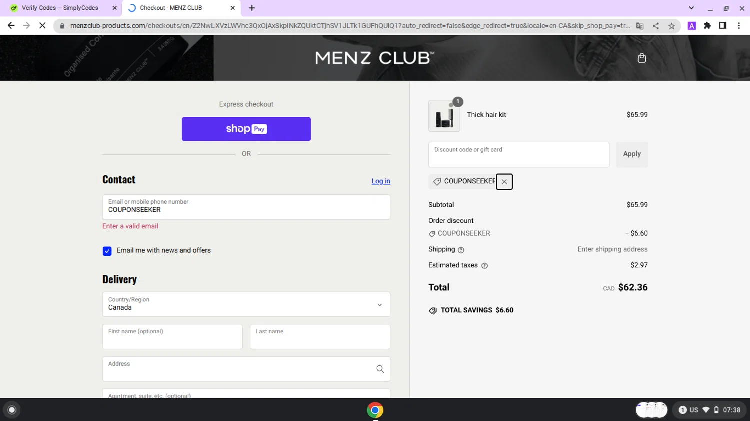Menz Club promo code screenshot showing code COUPONSEEKER applied at Menz Club checkout page. Uploaded by SimplyCodes community member lapampita on Jan 26, 2025