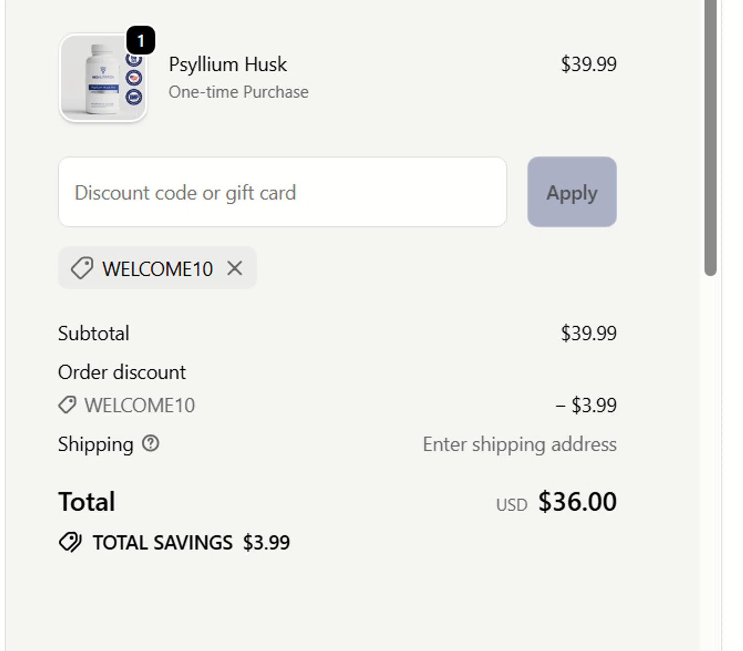 Meo Nutrution promo code screenshot showing code WELCOME10 applied at Meo Nutrution checkout page. Uploaded by SimplyCodes community member usercode123 on Nov 26, 2025
