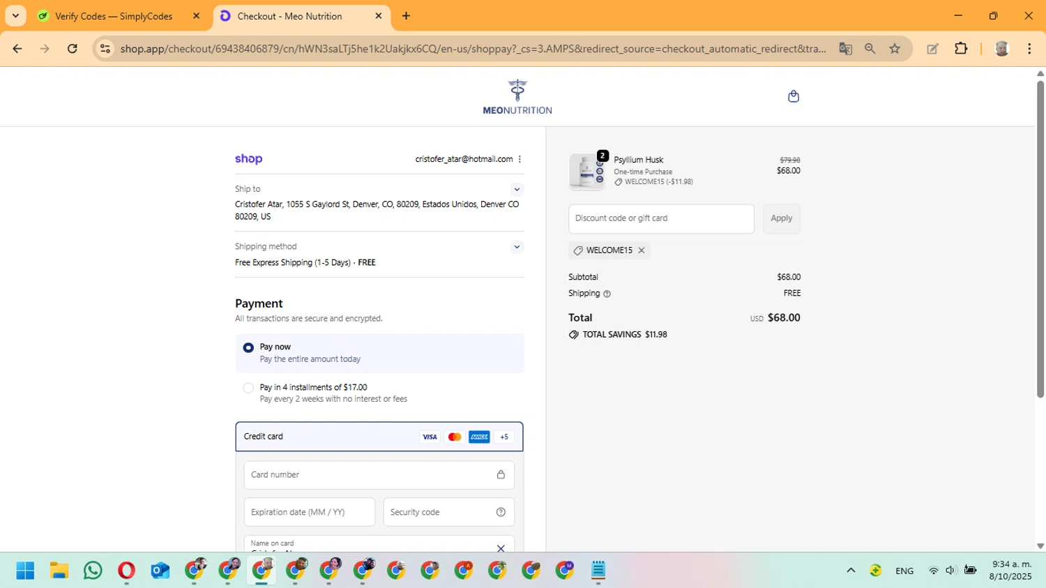 Meo Nutrution promo code screenshot showing code WELCOME15 applied at Meo Nutrution checkout page. Uploaded by SimplyCodes community member ManuelF on Oct 8, 2025