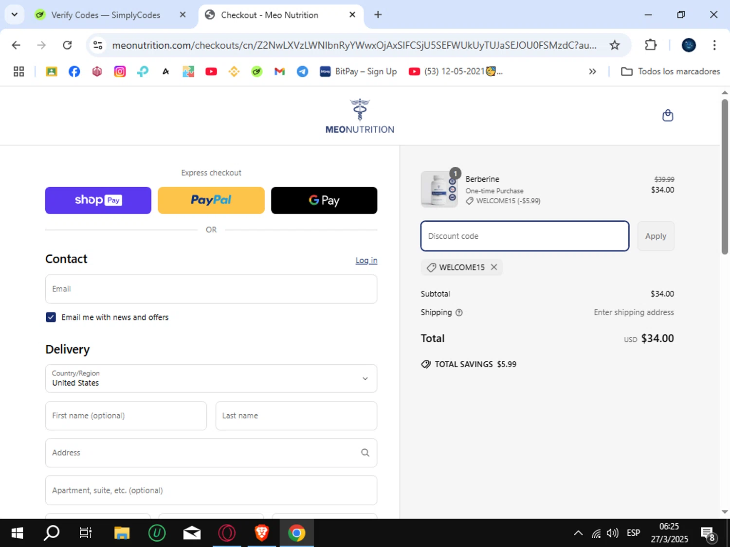 Meo Nutrution promo code screenshot showing code WELCOME15 applied at Meo Nutrution checkout page. Uploaded by SimplyCodes community member SunJinWoo on Mar 27, 2025