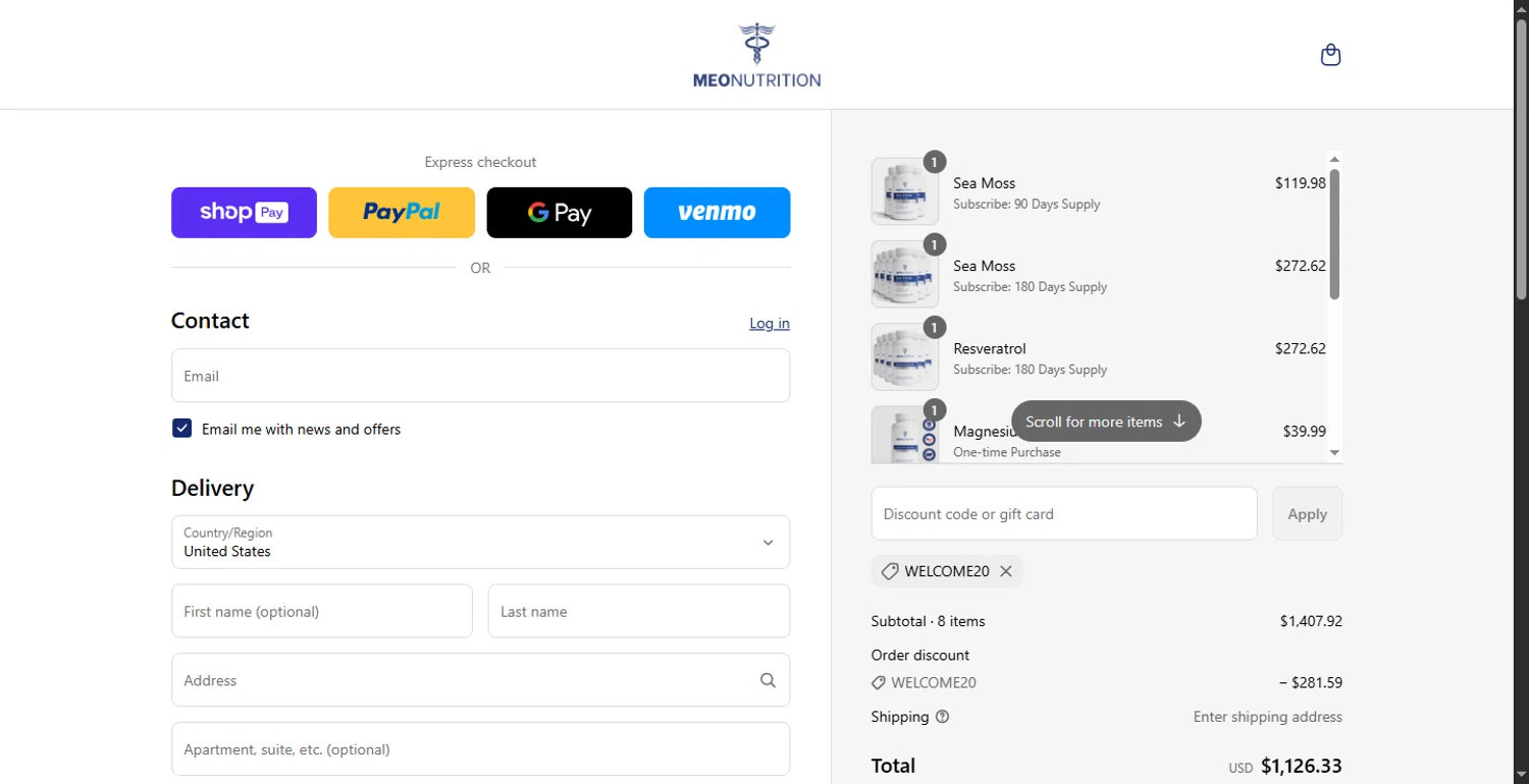 Meo Nutrution promo code screenshot showing code WELCOME20 applied at Meo Nutrution checkout page. Uploaded by SimplyCodes community member CodeTitan6120 on Jun 2, 2025