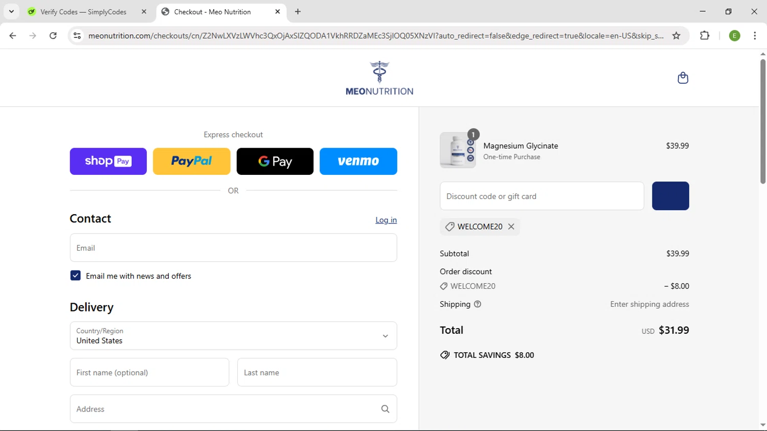 Meo Nutrution promo code screenshot showing code WELCOME20 applied at Meo Nutrution checkout page. Uploaded by SimplyCodes community member SUZUKIV on May 20, 2025