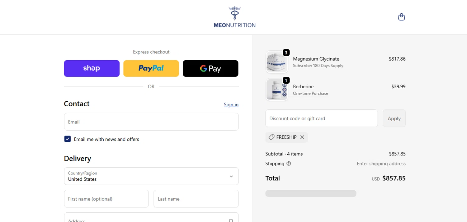 Meo Nutrution promo code screenshot showing code FREESHIP applied at Meo Nutrution checkout page. Uploaded by SimplyCodes community member CashAce9852 on Oct 24, 2025