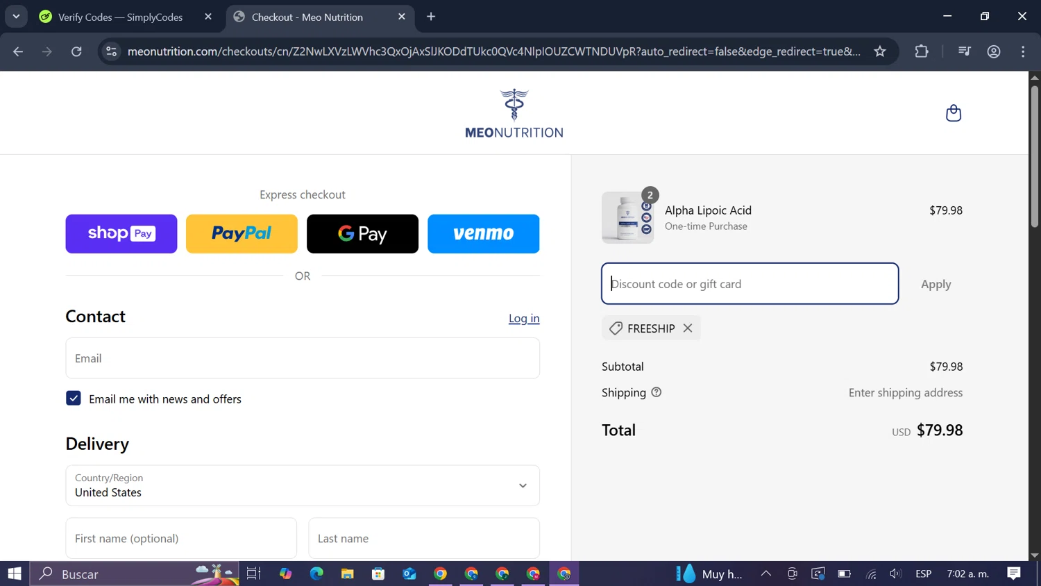 Meo Nutrution promo code screenshot showing code FREESHIP applied at Meo Nutrution checkout page. Uploaded by SimplyCodes community member SmartLegend506 on Apr 11, 2025