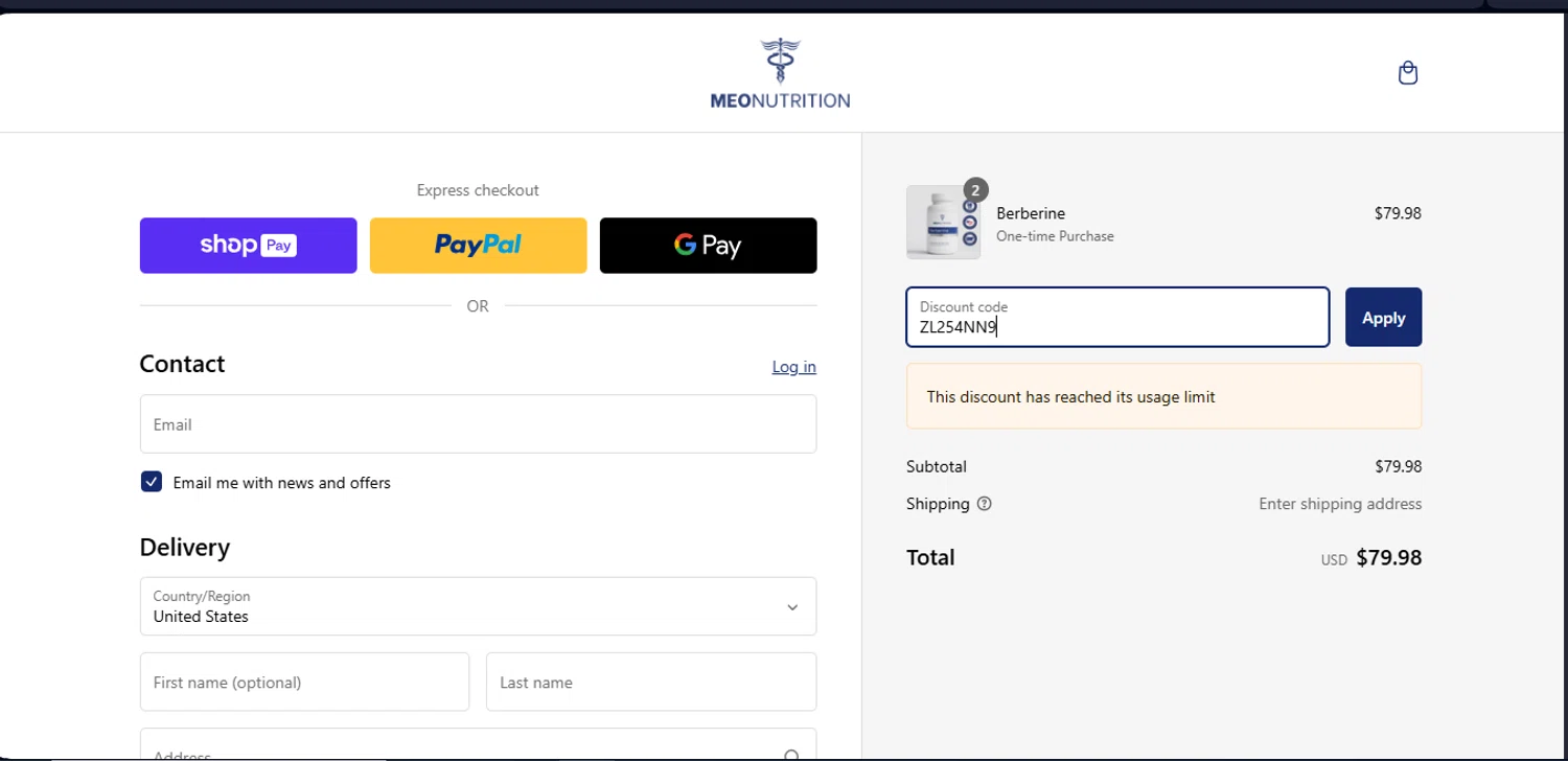 Meo Nutrution promo code screenshot showing code ZL254NN9 applied at Meo Nutrution checkout page. Uploaded by SimplyCodes community member juanisaac on Feb 19, 2025