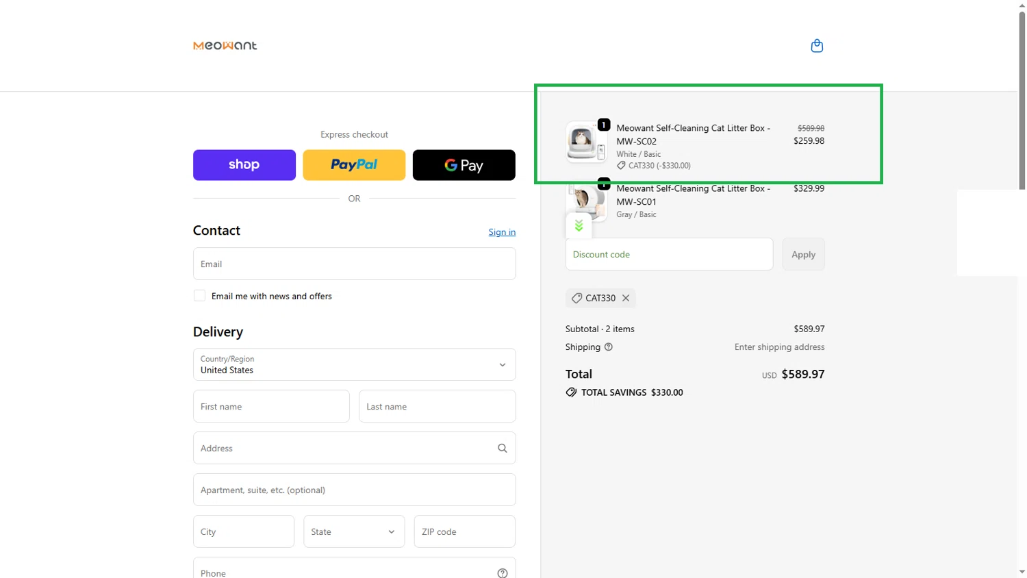 MeoWant coupon code screenshot showing code CAT330 applied at MeoWant checkout page. Uploaded by SimplyCodes community member 5000krick on Dec 30, 2025