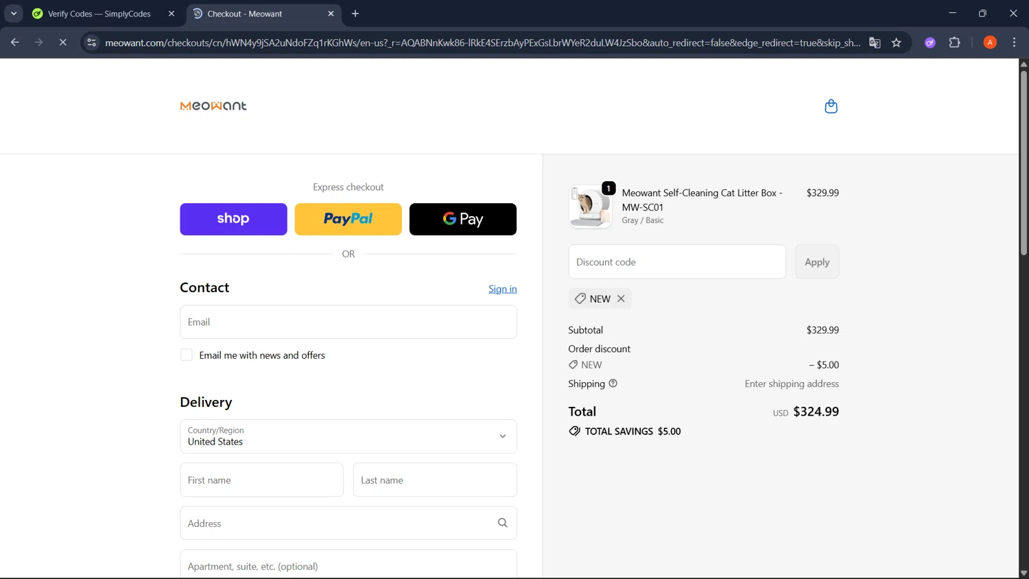 MeoWant coupon code screenshot showing code NEW applied at MeoWant checkout page. Uploaded by SimplyCodes community member GoldChaser2970 on Nov 6, 2025