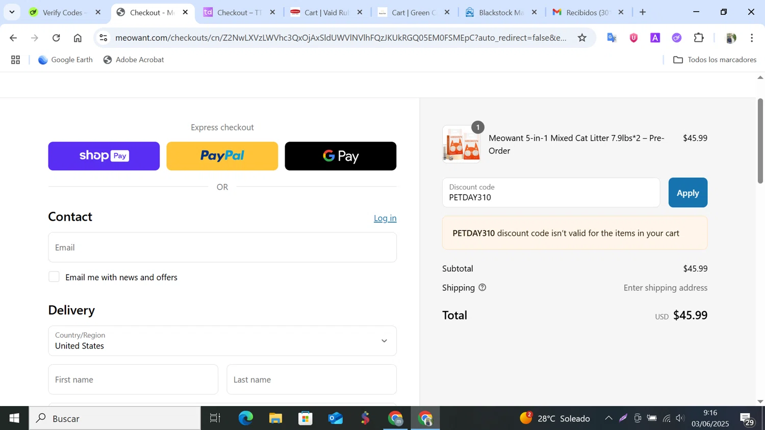 MeoWant coupon code screenshot showing code PETDAY310 applied at MeoWant checkout page. Uploaded by SimplyCodes community member NobleMonarch5837 on Jun 3, 2025
