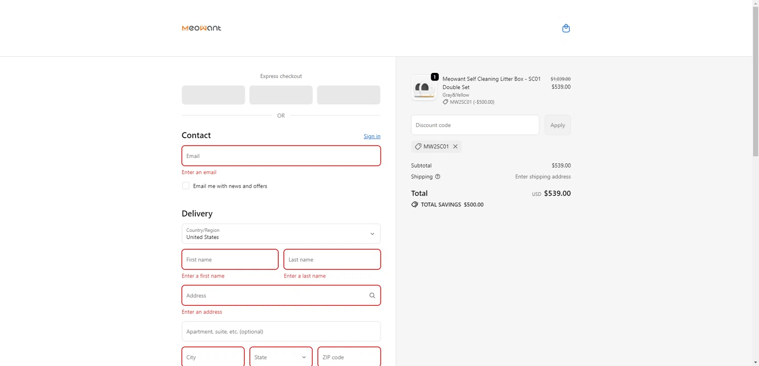 MeoWant coupon code screenshot showing code MW2SC01 applied at MeoWant checkout page. Uploaded by SimplyCodes community member PromoSeeker7158 on Nov 1, 2025