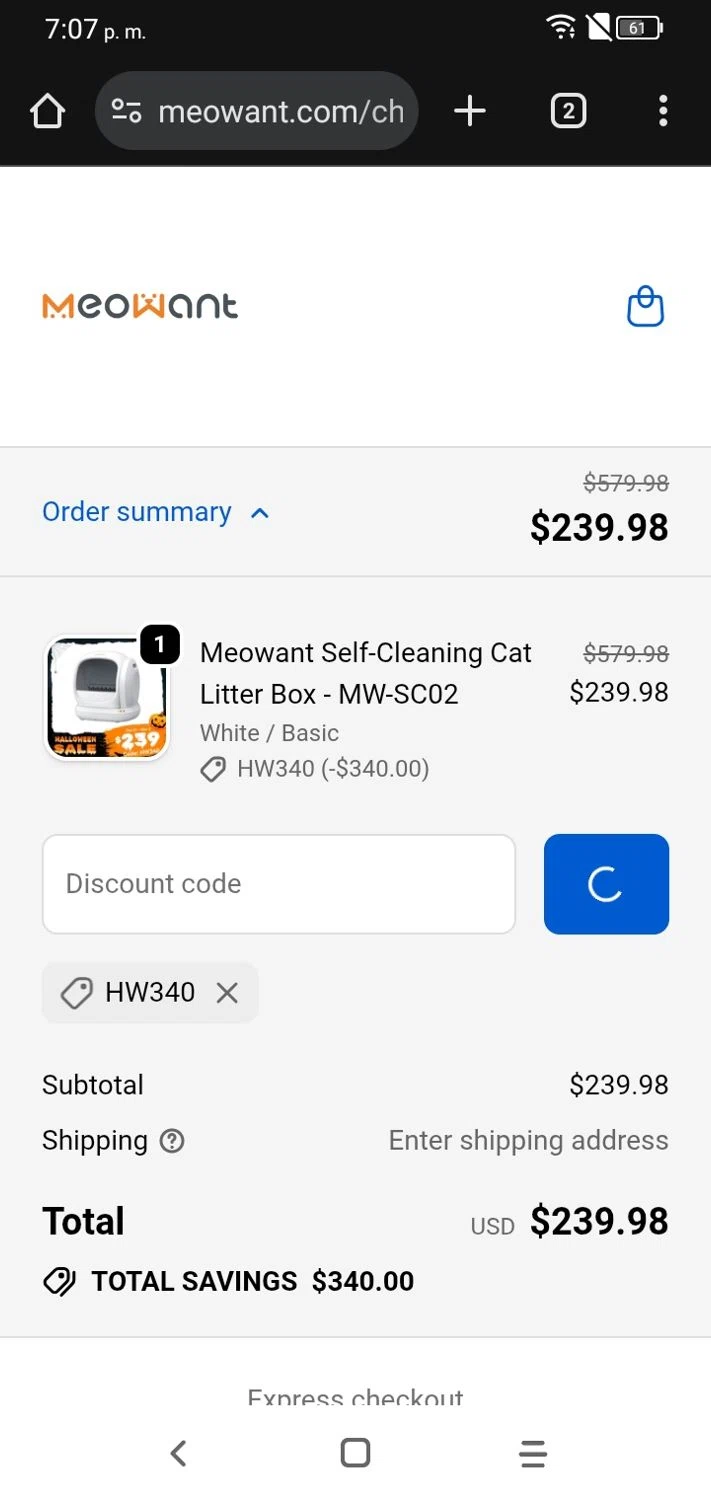 MeoWant coupon code screenshot showing code HW340 applied at MeoWant checkout page. Uploaded by SimplyCodes community member RoyalSpotter5217 on Oct 31, 2025