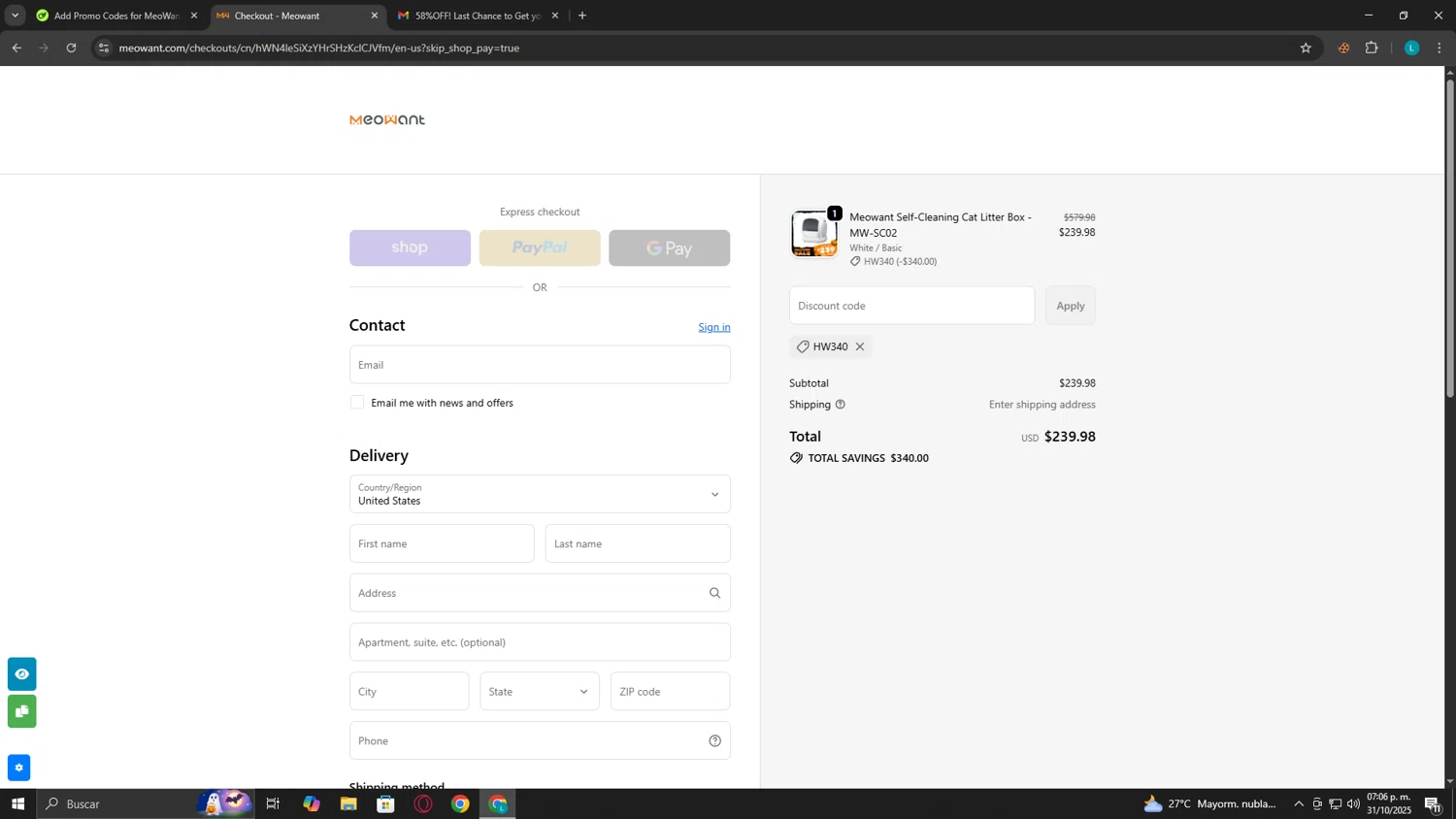 MeoWant coupon code screenshot showing code HW340 applied at MeoWant checkout page. Uploaded by SimplyCodes community member Alalee on Oct 31, 2025