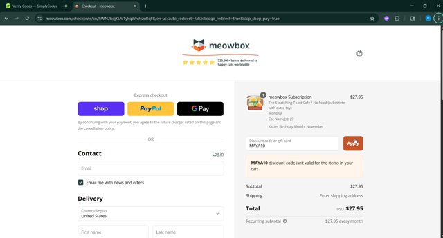 MeowBox checkout page showing MeowBox promo code box | Screenshot taken by SimplyCodes community member on Sep 7, 2025