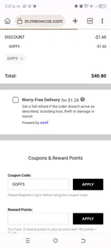 Meowcos coupon verification screenshot