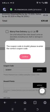 Meowcos coupon verification screenshot