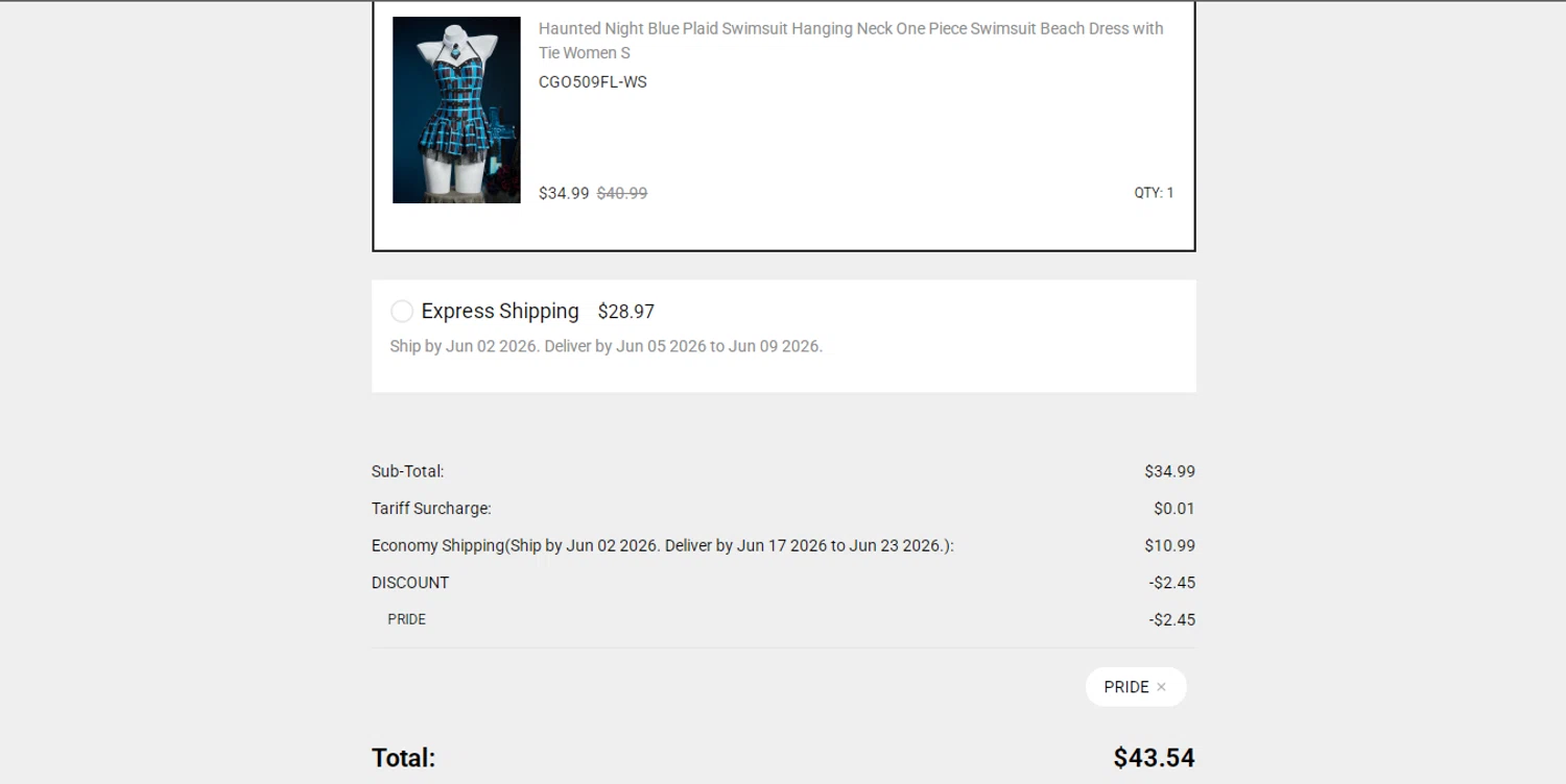 Meowcos promo code screenshot showing code PRIDE applied at Meowcos checkout page. Uploaded by SimplyCodes community member HUNTER1406 on Jun 1, 2026