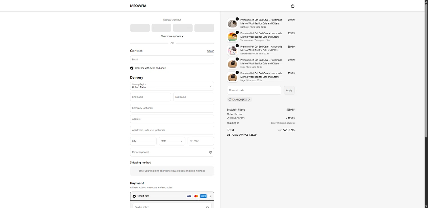 Meowfia promo code screenshot showing code DANROBERTS applied at Meowfia checkout page. Uploaded by SimplyCodes community member CodeAce1208 on Jun 5, 2026