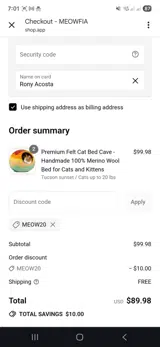 Meow20 coupon verification screenshot