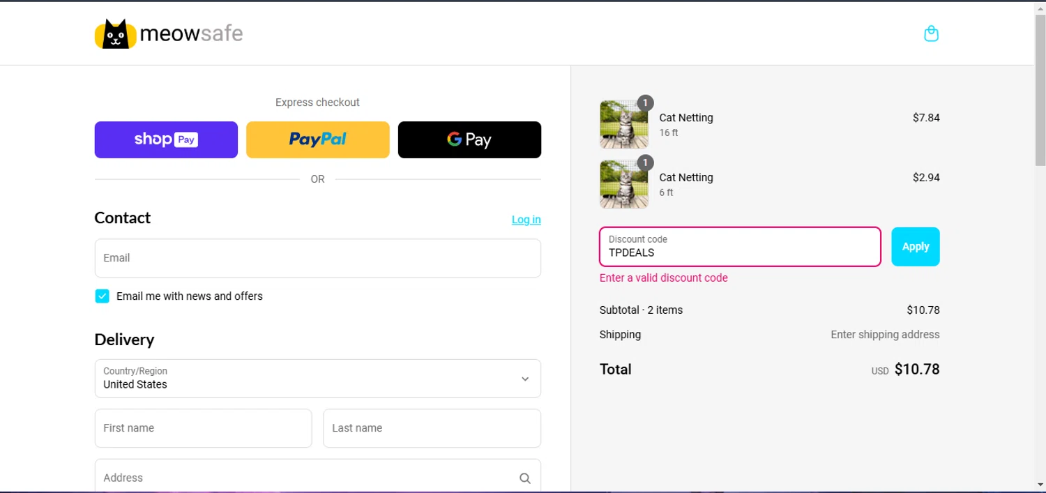 Meow Safe discount code screenshot showing code TPDEALS applied at Meow Safe checkout page. Uploaded by SimplyCodes community member CleverOwl912 on Mar 21, 2025