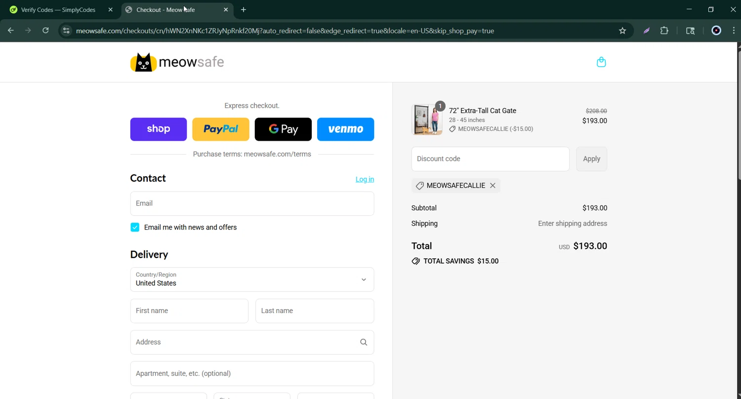 Meow Safe checkout page showing Meow Safe discount code box | Screenshot taken by SimplyCodes community member on Sep 3, 2025