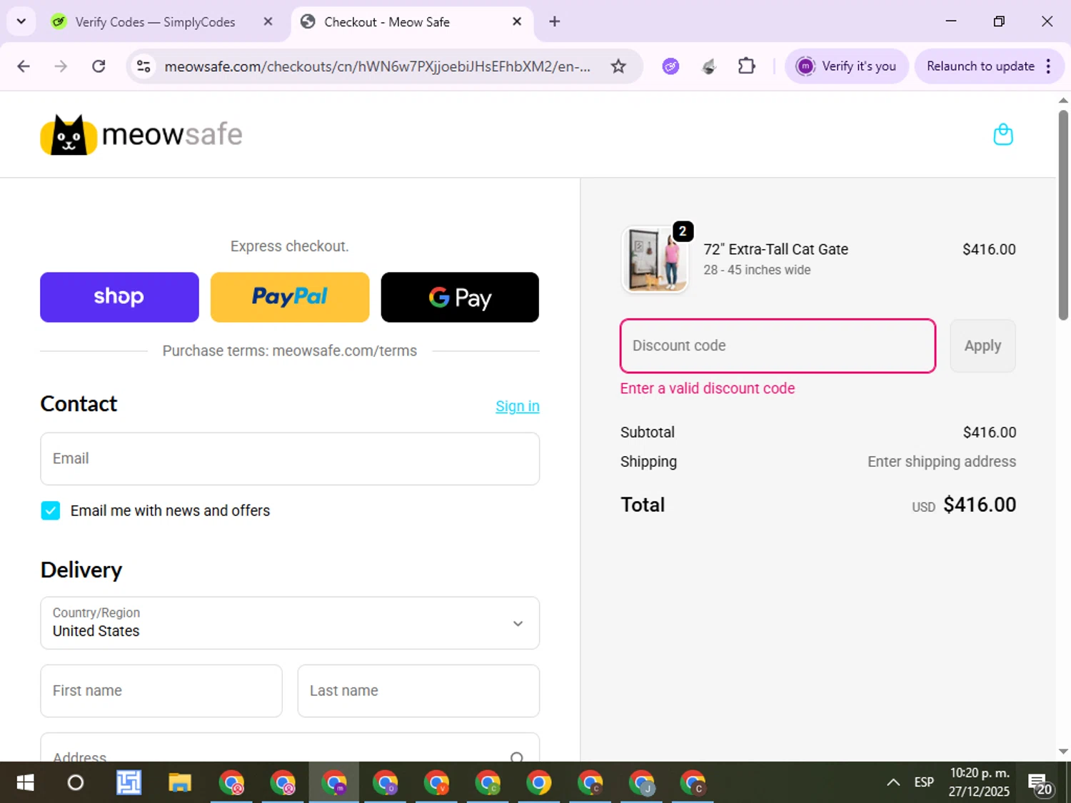 Meow Safe discount code screenshot showing code BF20 applied at Meow Safe checkout page. Uploaded by SimplyCodes community member WiseElite4102 on Dec 28, 2025