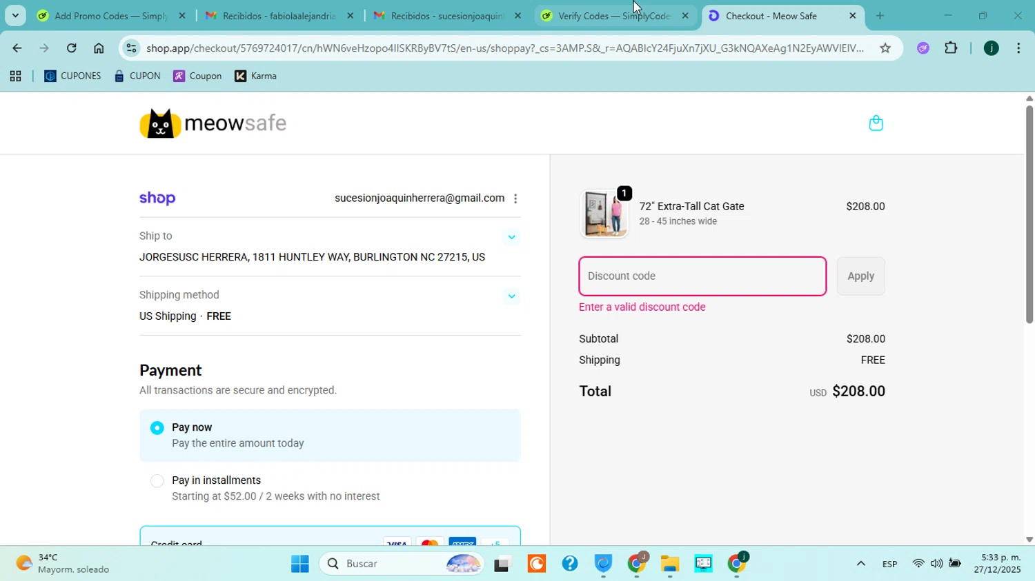 Meow Safe discount code screenshot showing code BF20 applied at Meow Safe checkout page. Uploaded by SimplyCodes community member jorgejavierherrera on Dec 27, 2025