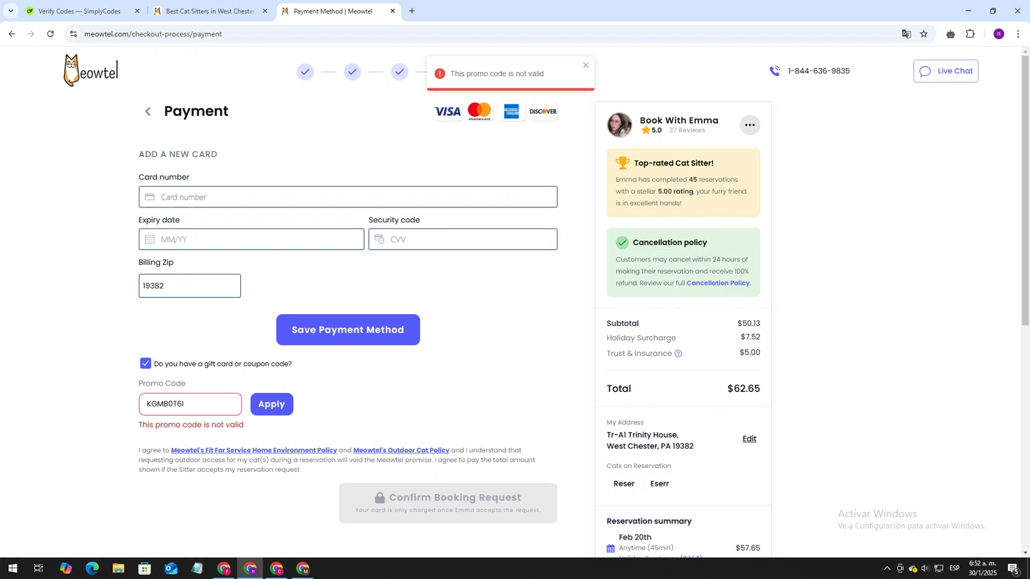 Meowtel discount code screenshot showing code KGMB0T6I applied at Meowtel checkout page. Uploaded by SimplyCodes community member AVAMUSTANG on Jan 30, 2025