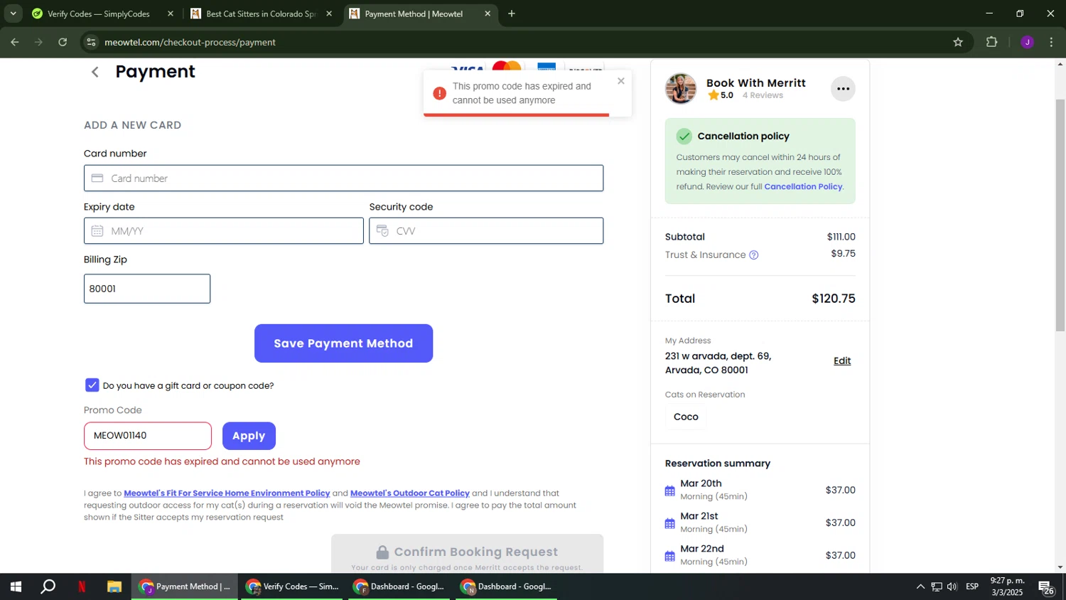 Meowtel discount code screenshot showing code MEOW01140 applied at Meowtel checkout page. Uploaded by SimplyCodes community member ComeBurra123 on Mar 4, 2025