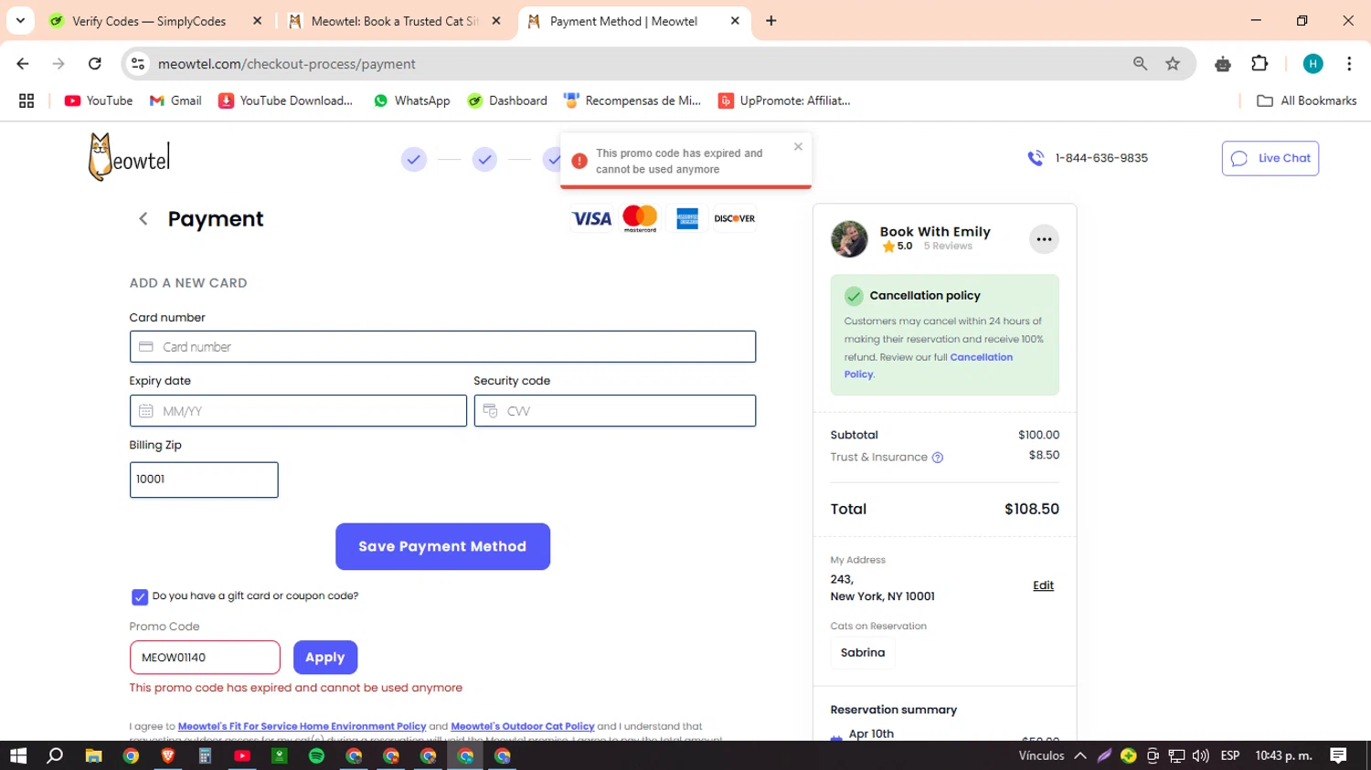 Meowtel discount code screenshot showing code MEOW01140 applied at Meowtel checkout page. Uploaded by SimplyCodes community member MACHINEv1 on Mar 4, 2025