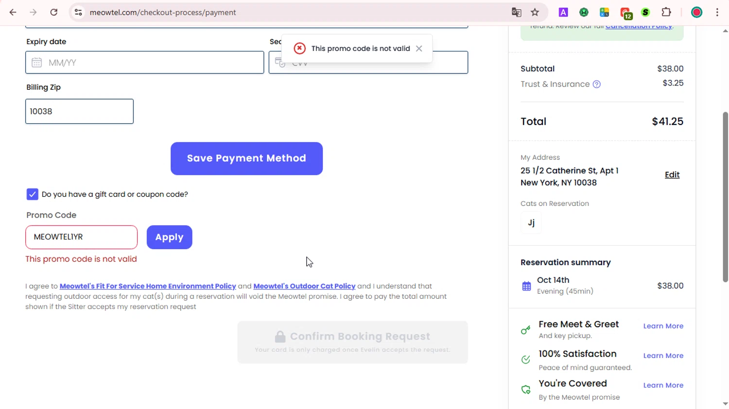 Meowtel discount code screenshot showing code MEOWTEL1YR applied at Meowtel checkout page. Uploaded by SimplyCodes community member LOVECOUPON on Sep 8, 2025