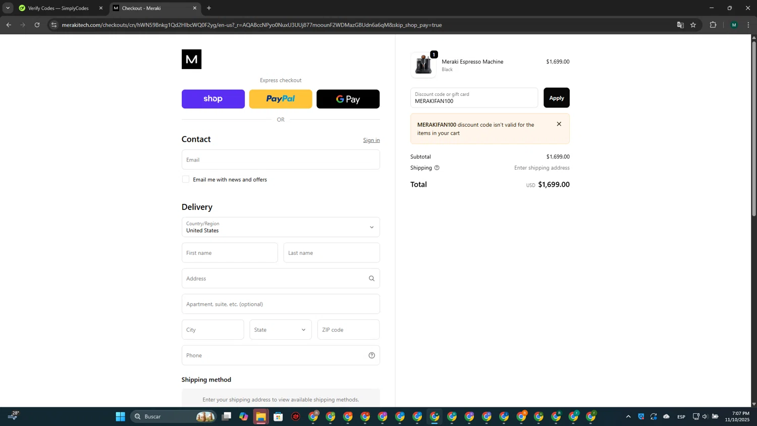 Meraki Espresso promo code screenshot showing code MERAKIFAN100 applied at Meraki Espresso checkout page. Uploaded by SimplyCodes community member MDLECHUZA on Nov 10, 2025