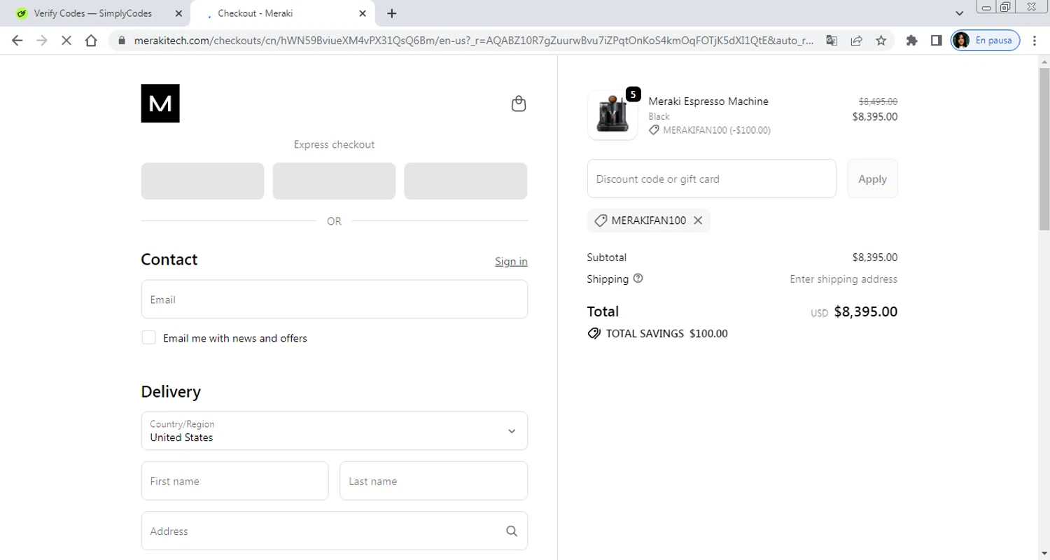 Meraki Espresso promo code screenshot showing code MERAKIFAN100 applied at Meraki Espresso checkout page. Uploaded by SimplyCodes community member PrimeAdmiral8733 on Nov 10, 2025