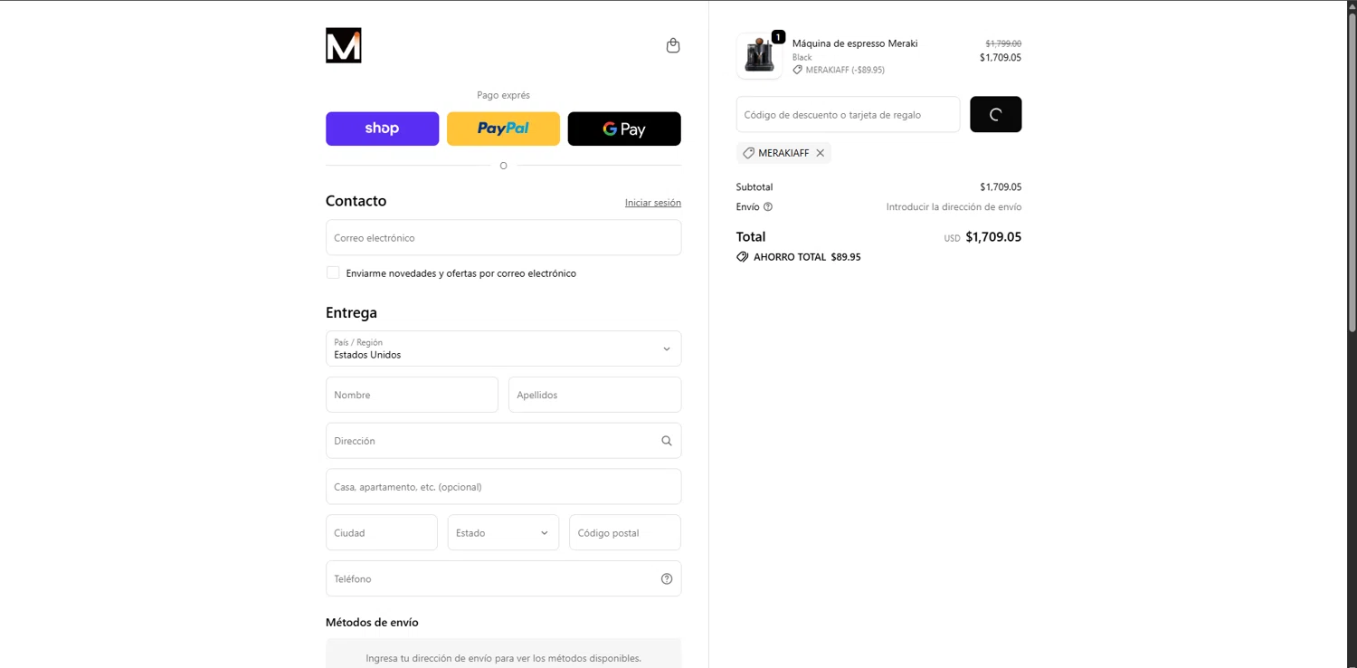 Meraki Espresso promo code screenshot showing code MERAKIAFF applied at Meraki Espresso checkout page. Uploaded by SimplyCodes community member ValiantSleuth7563 on Dec 29, 2025