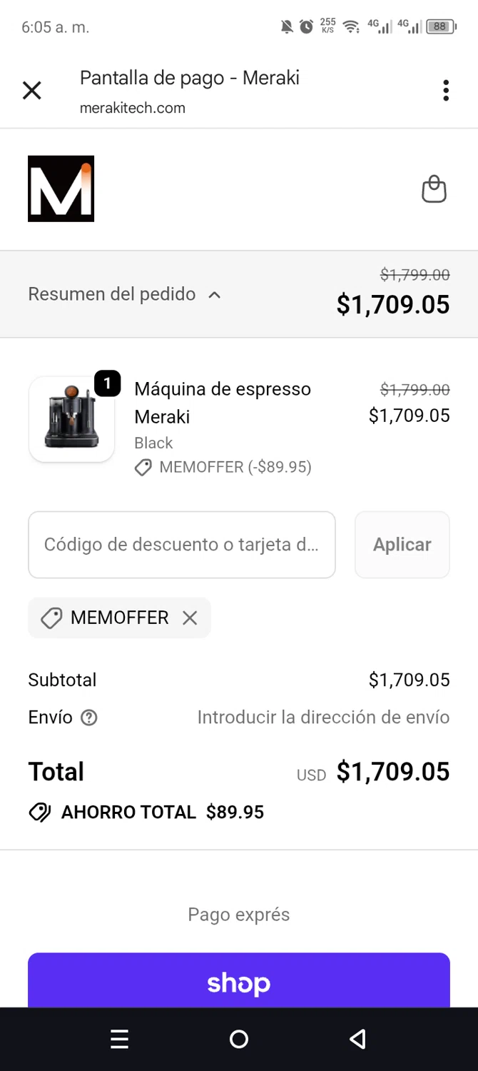 Meraki Espresso promo code screenshot showing code MEMOFFER applied at Meraki Espresso checkout page. Uploaded by SimplyCodes community member leiraM on Dec 22, 2025