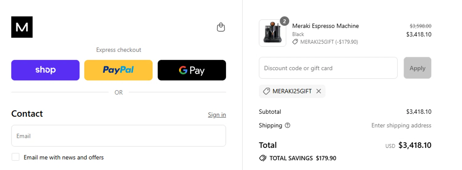 Meraki Espresso promo code screenshot showing code meraki25gift applied at Meraki Espresso checkout page. Uploaded by SimplyCodes community member salepmigajera on Sep 10, 2025