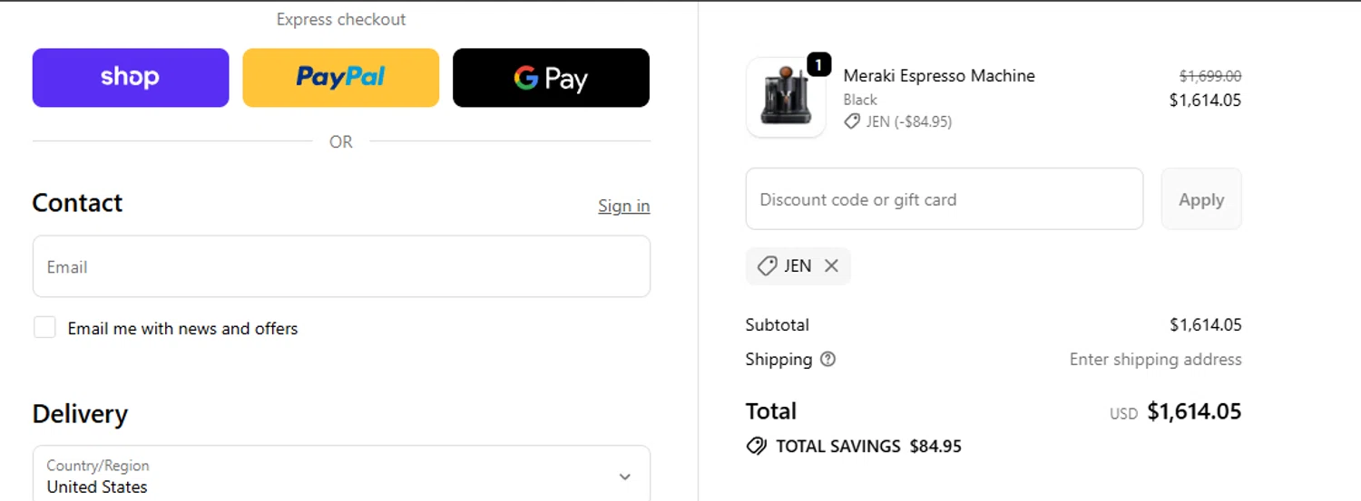 Meraki Espresso promo code screenshot showing code JEN applied at Meraki Espresso checkout page. Uploaded by SimplyCodes community member ashe1986 on Nov 11, 2025